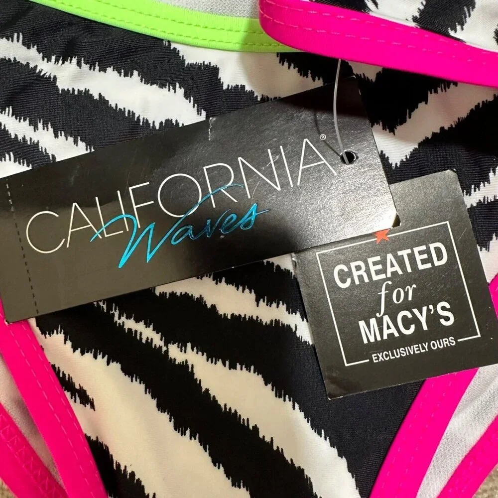 California Waves Junior Size S Zebra Print Neon Trim Bikini Bottoms Swimsuit NWT